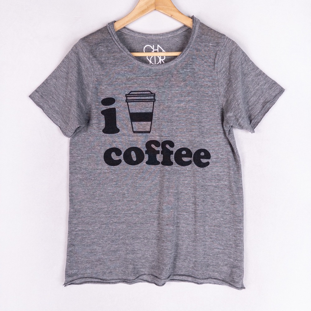 Chaser Womens T-Shirt Sz Medium Gray Coffee Graphic Tee Short Sleeve Raw Hem